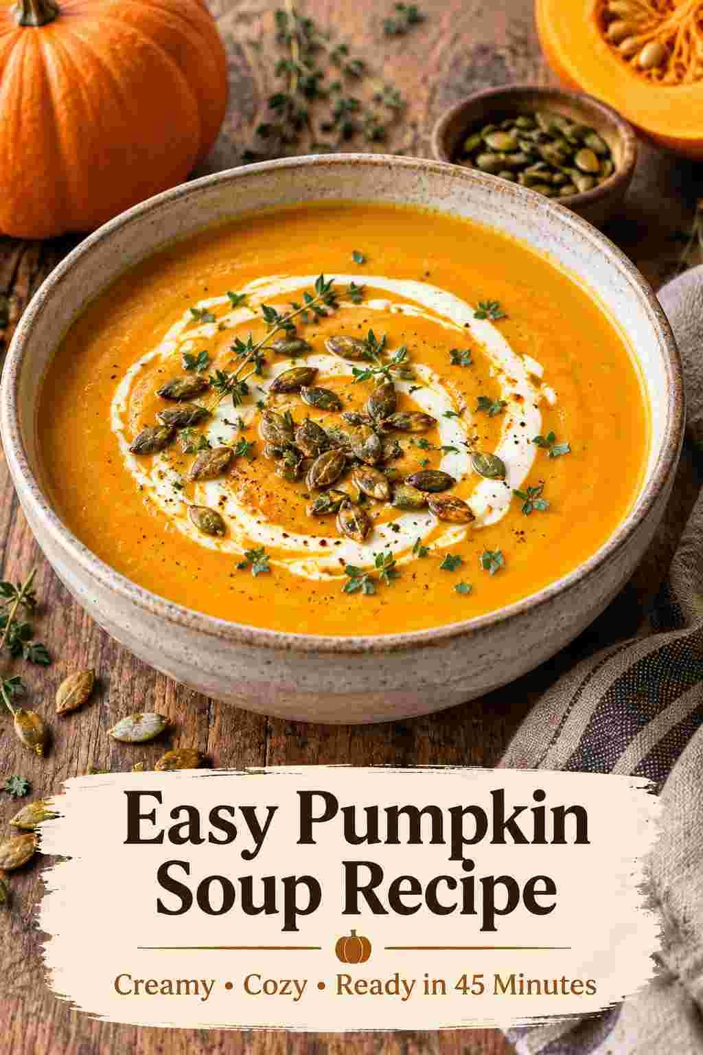 Creamy pumpkin soup recipe with toasted pumpkin seeds cream swirl and fresh herbs