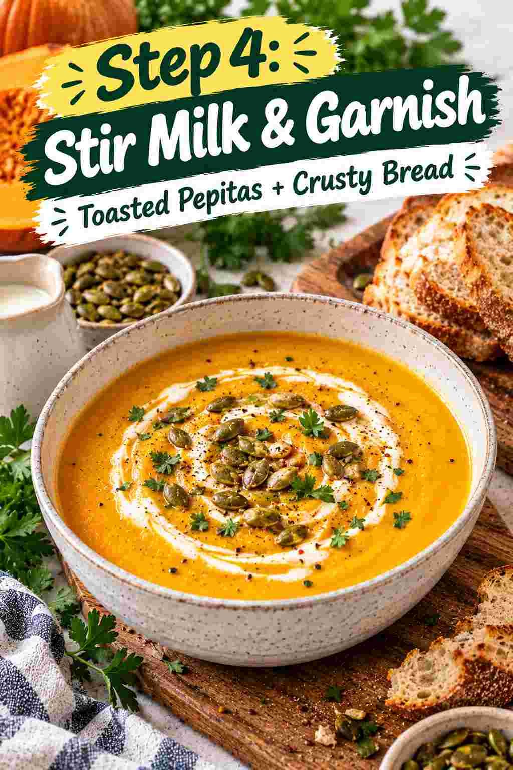 Finished creamy pumpkin soup with cream swirl and crusty bread
