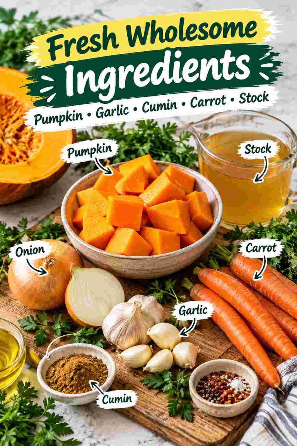 Fresh ingredients for pumpkin soup including peeled pumpkin chunks onion carrot garlic and spices