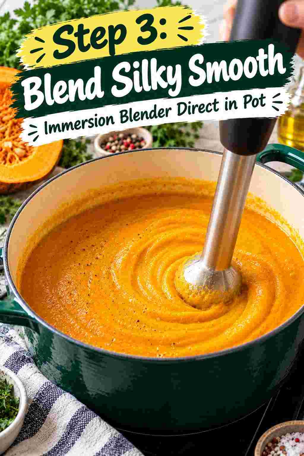 Immersion blender pureeing cooked pumpkin soup into a velvety texture