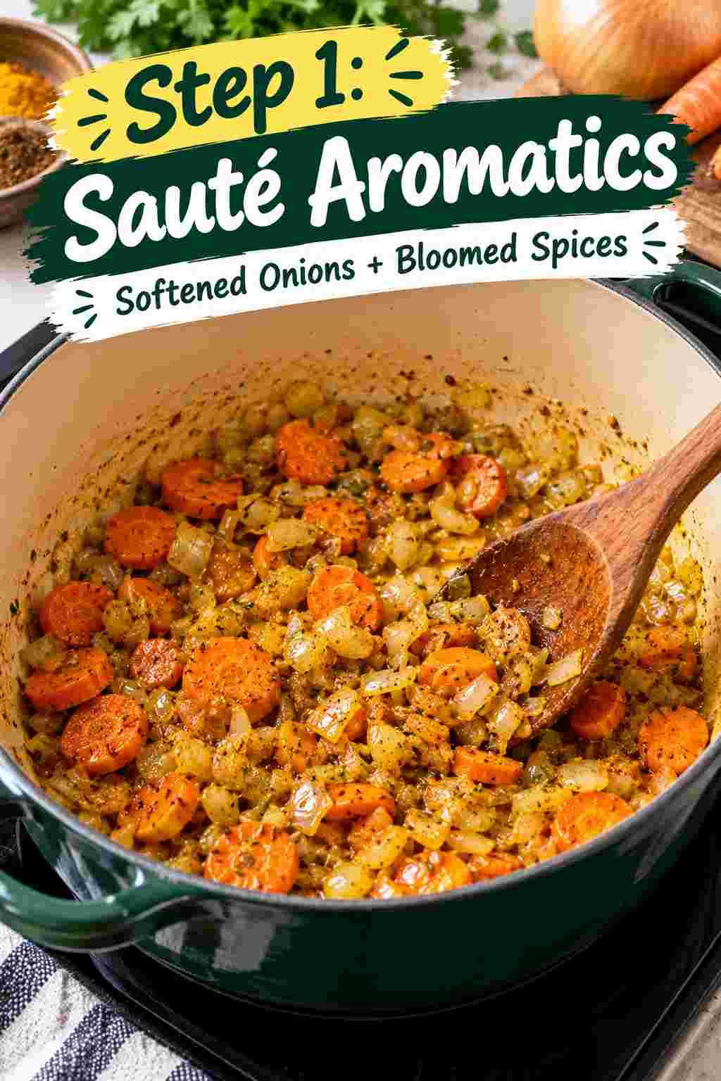 Sautéing onions and carrots in olive oil in a soup pot