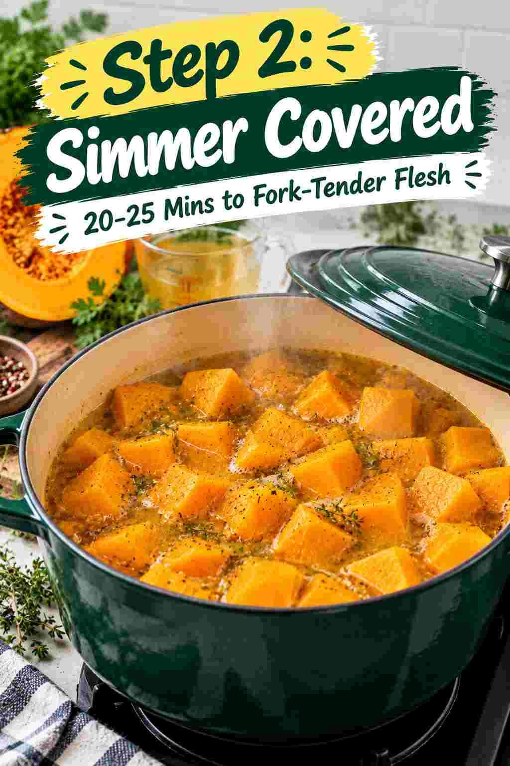 Simmering diced pumpkin in vegetable stock until tender