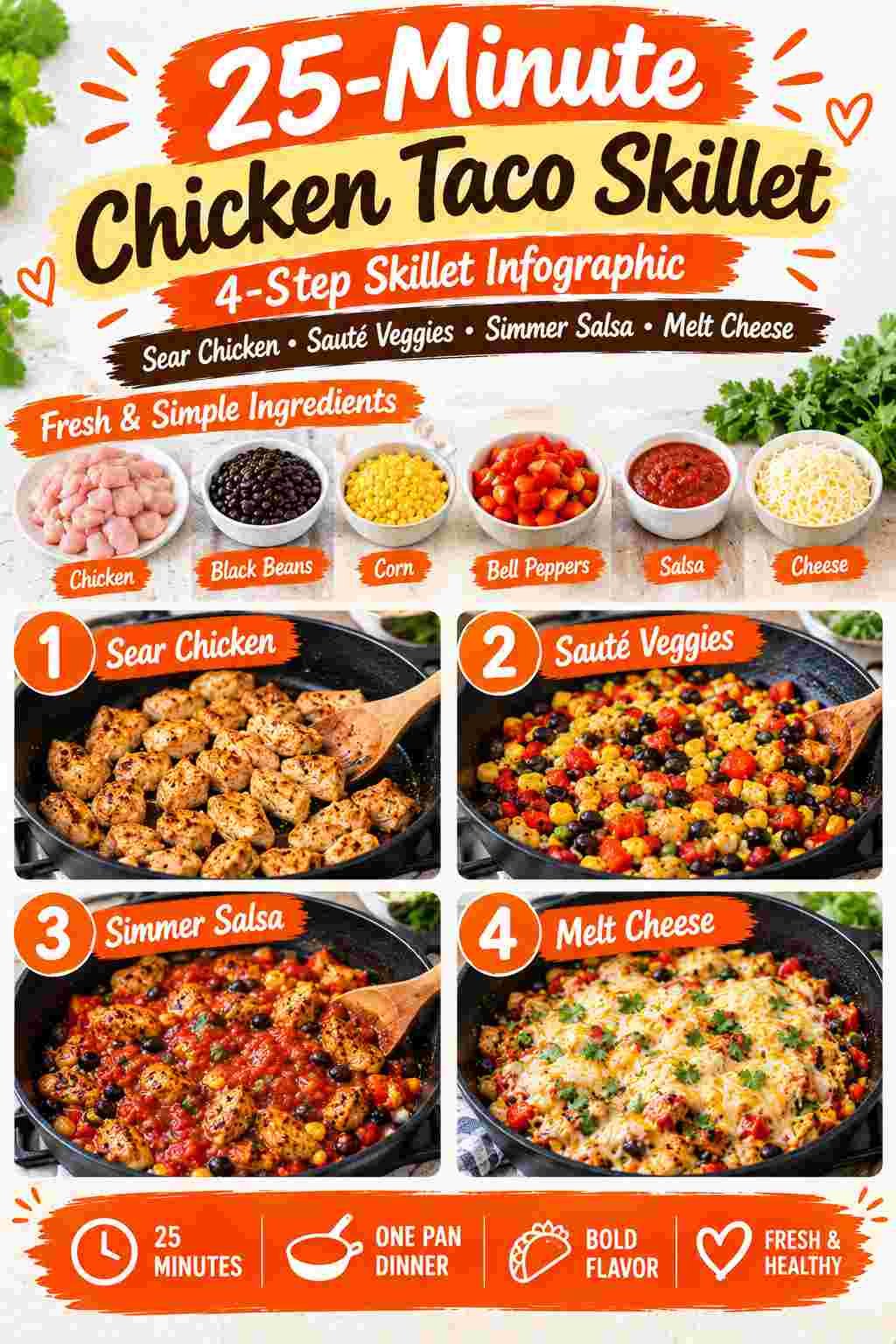 25-minute chicken taco skillet infographic showing chicken, black beans, corn, peppers, salsa, cheese and four cooking steps
