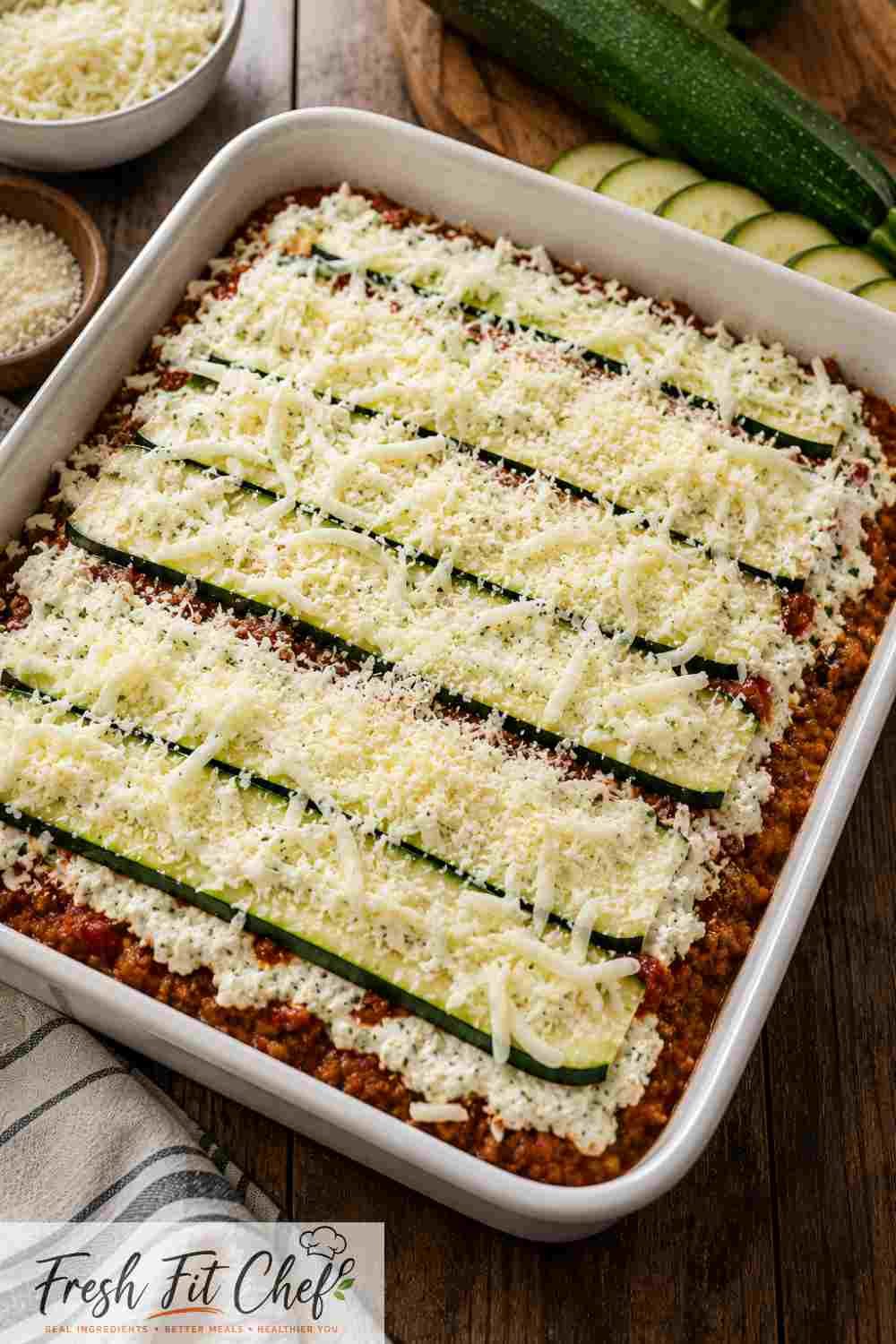 Assembled low carb zucchini lasagna ready for the oven