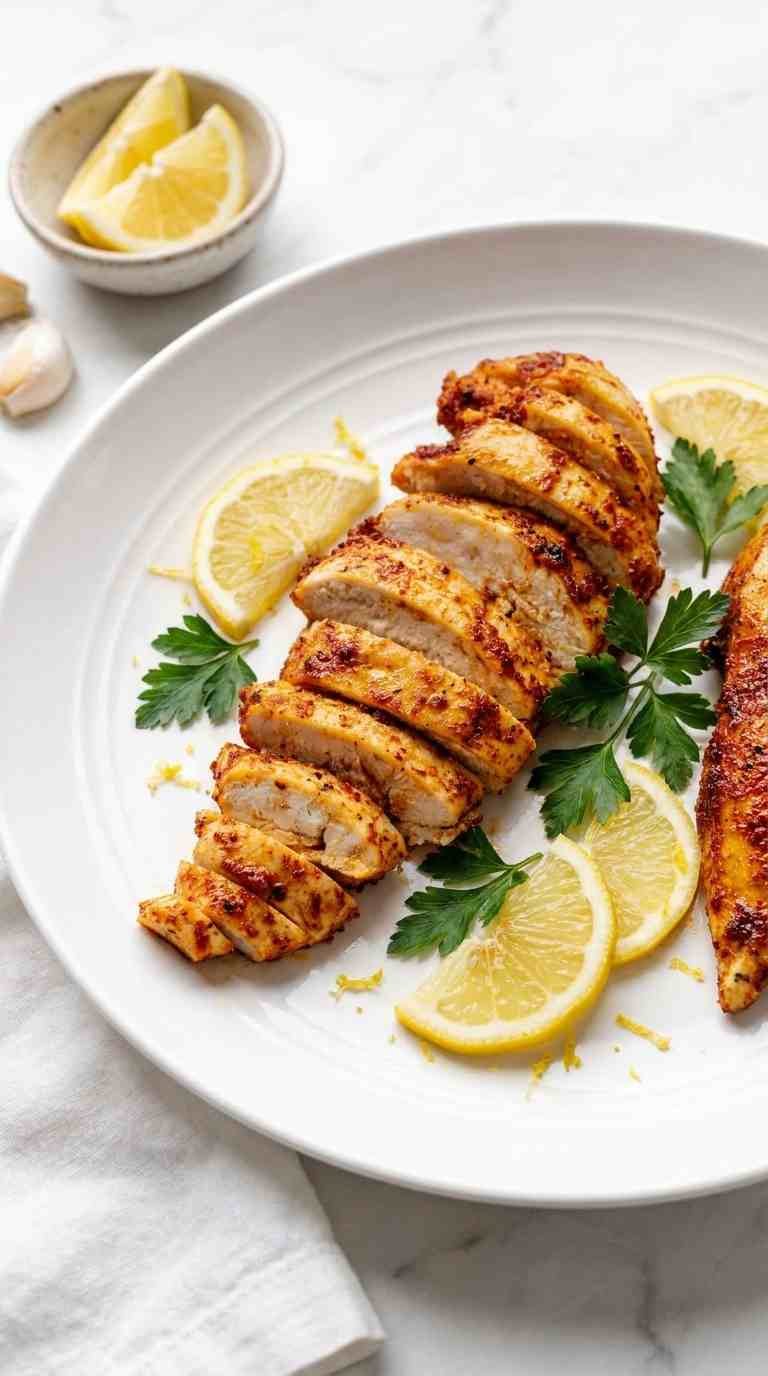 Thin sliced chicken breast baked with lemon garlic and paprika