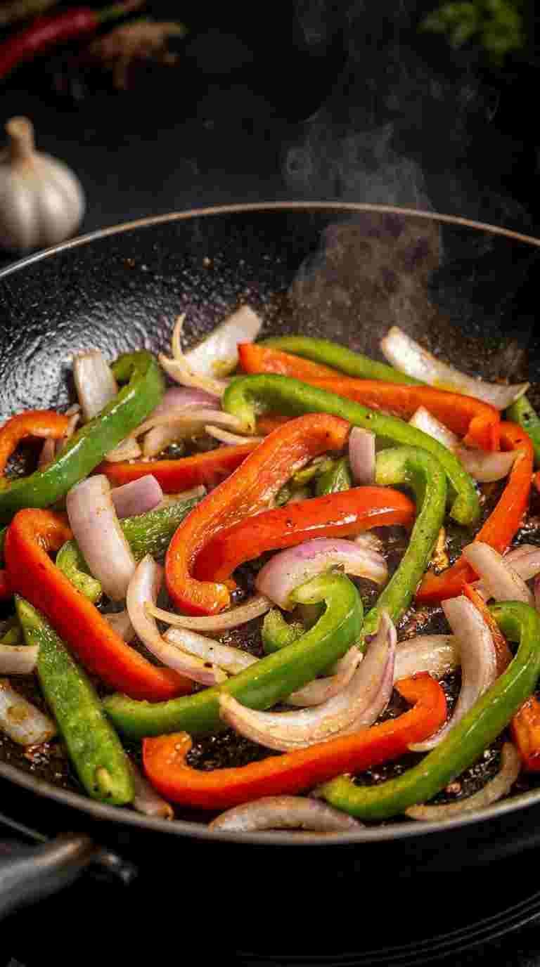 Bell peppers and onions cooking for thin sliced beef stir fry