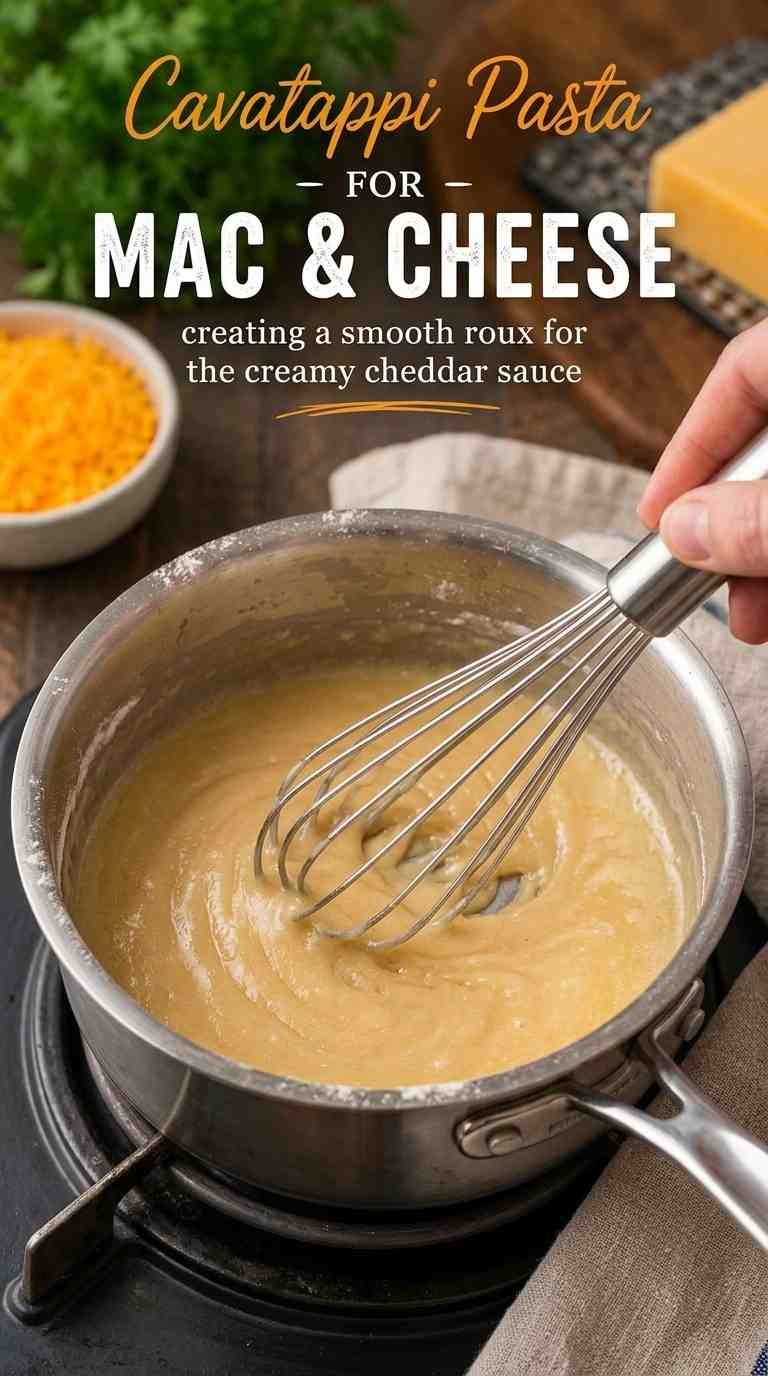 Butter and flour being whisked for cavatappi mac and cheese sauce
