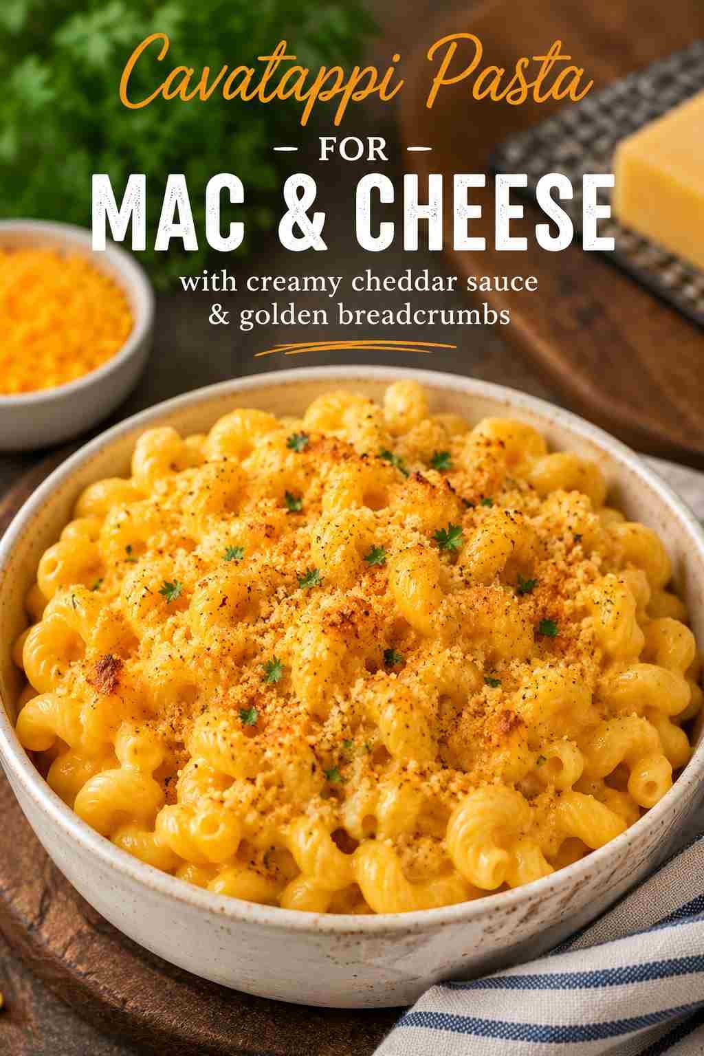 Cavatappi pasta for mac and cheese with creamy cheddar sauce and golden breadcrumbs