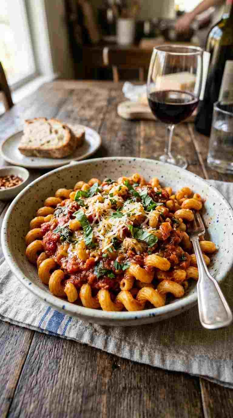 Cavatappi pasta tossed with homemade pomodoro tomato sauce