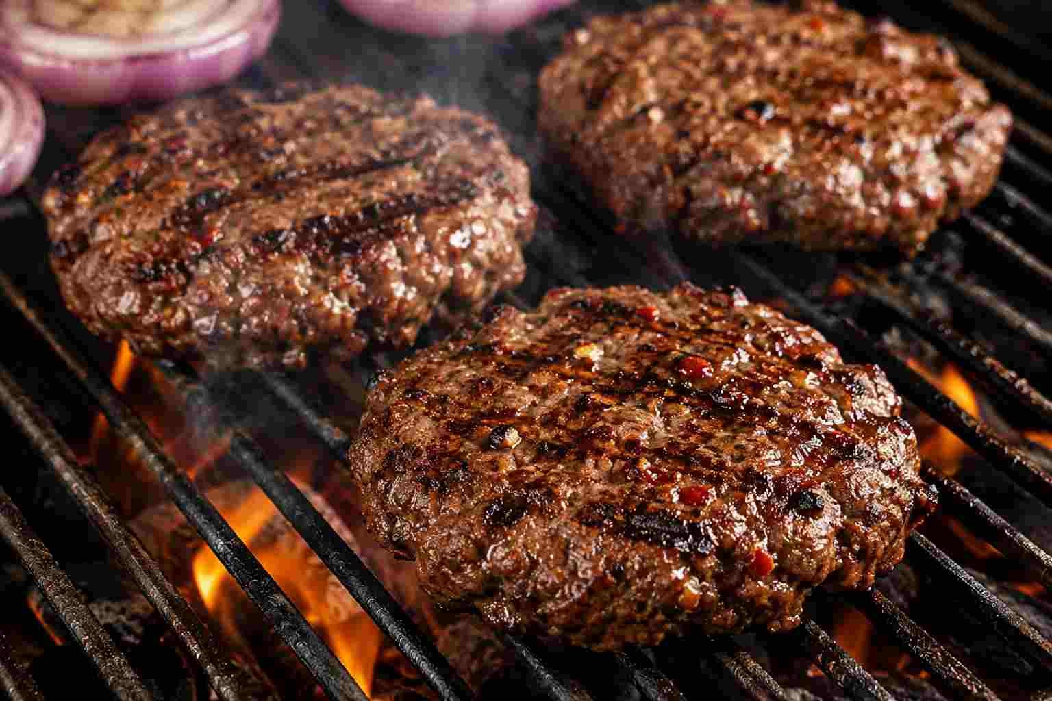 Chipotle burger patties cooking on a hot grill
