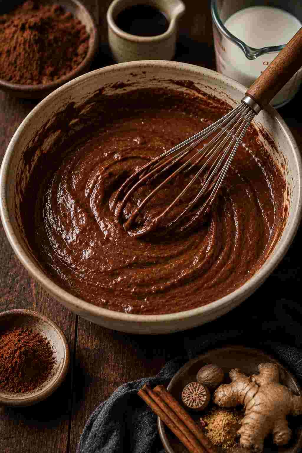 Chocolate spice cake batter mixed with cocoa spices buttermilk and coffee