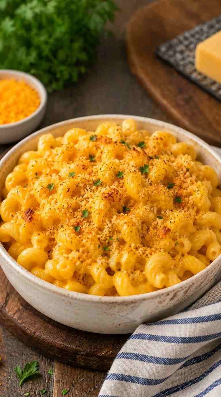 Cooked cavatappi pasta coated in creamy cheese sauce