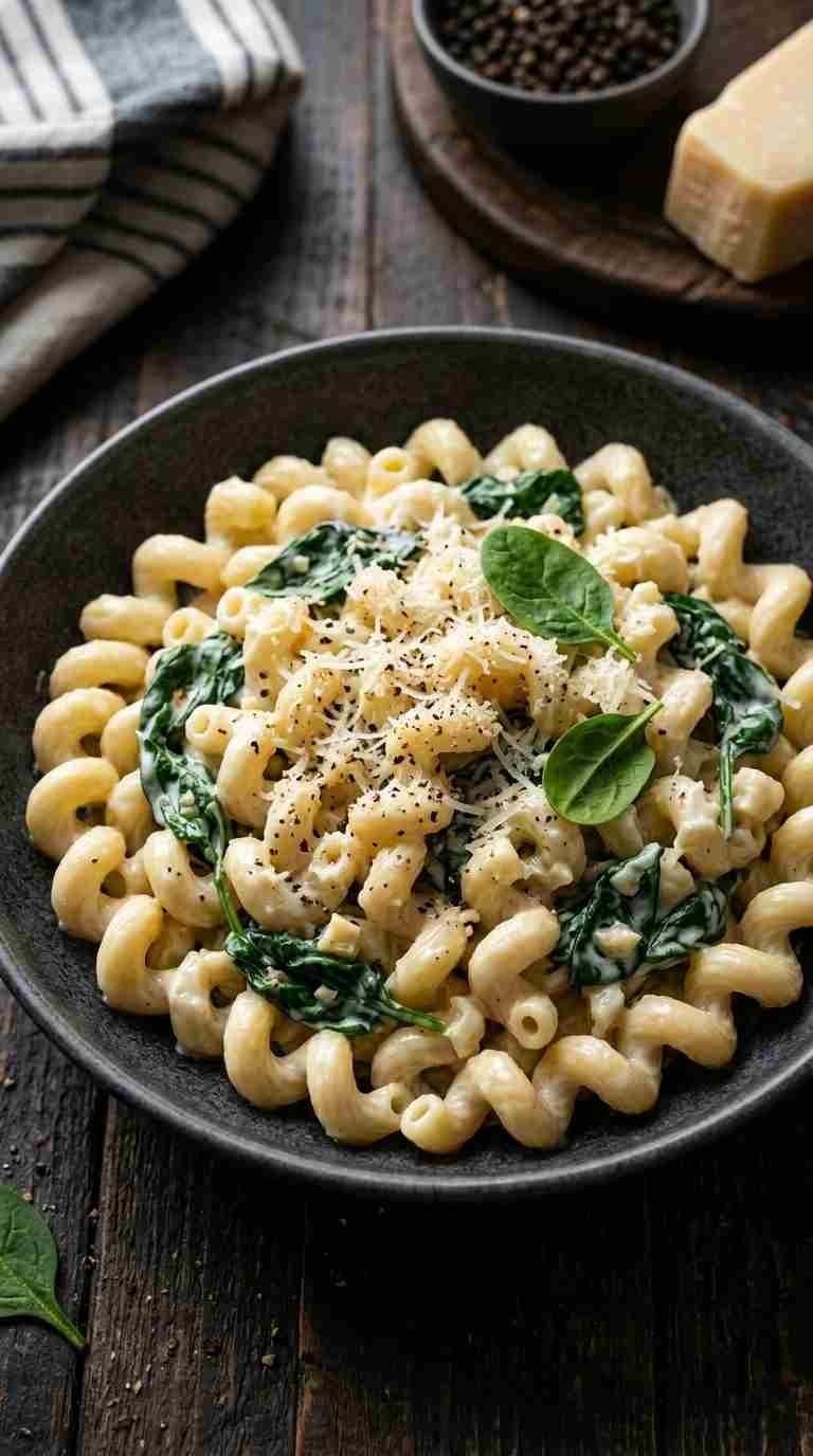 Creamy Carbe Diem Cavatappi pasta recipe with Parmesan, garlic and spinach