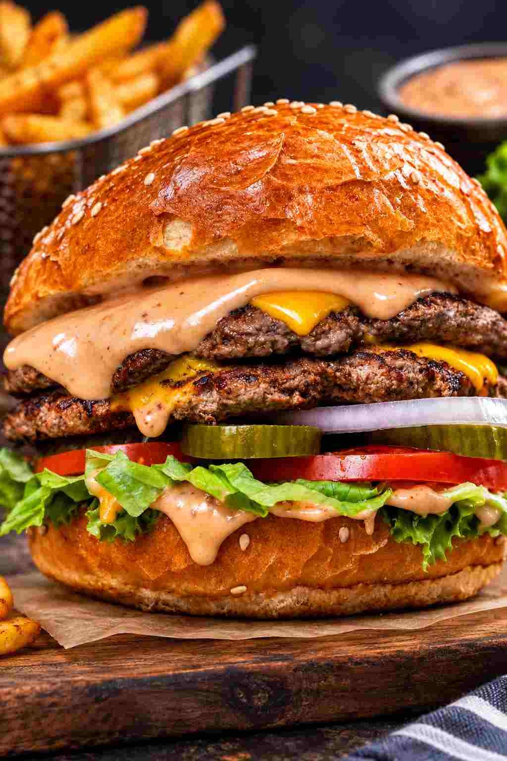 Cross section of smoky chipotle burger with melted cheddar and fresh toppings