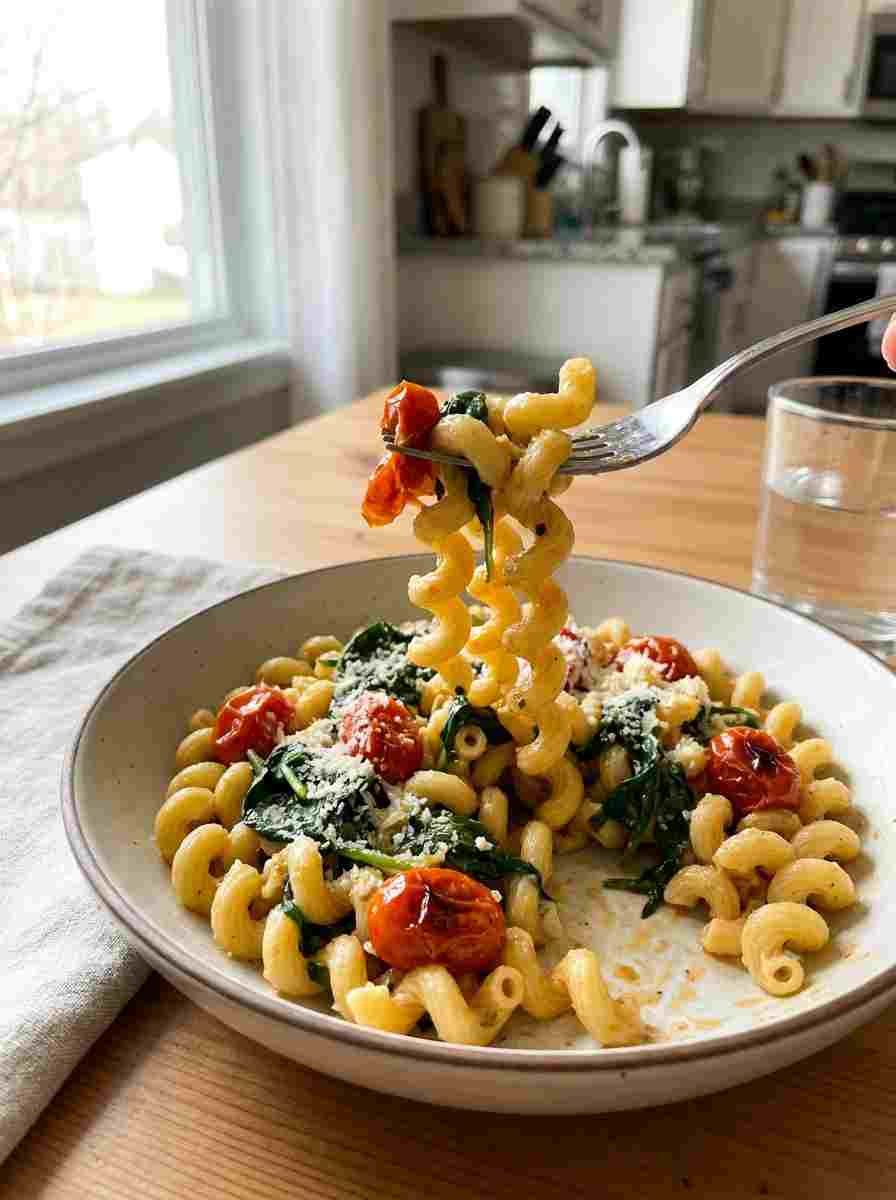 Easy gluten free cavatappi pasta recipe with Parmesan, spinach and cherry tomatoes