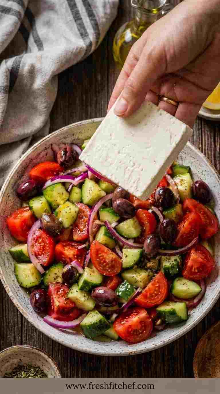 Feta cheese added to homemade Greek salad with Kalamata olives