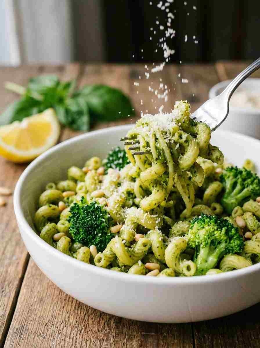 Easy cavatappi pesto pasta with broccoli, lemon and Parmesan