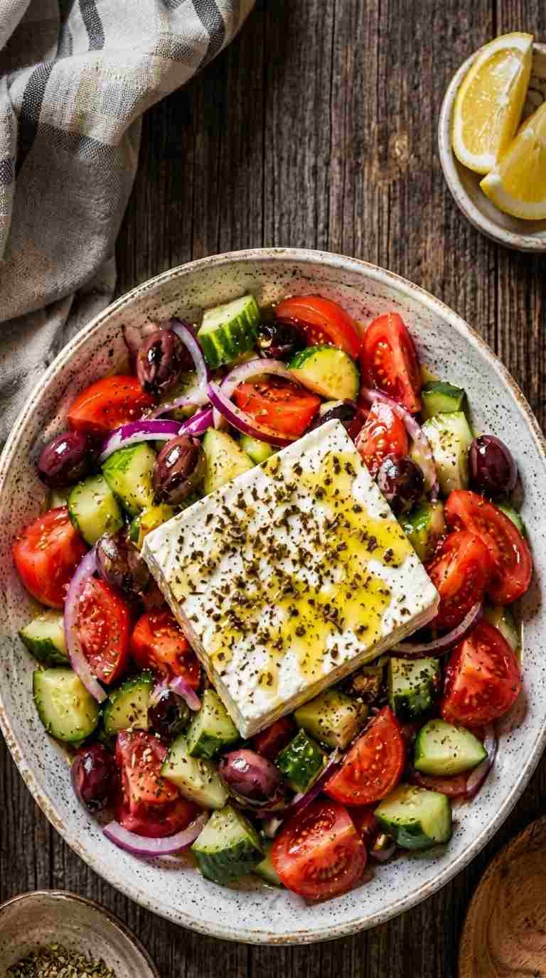 Fresh Greek salad with feta Kalamata olives tomatoes and cucumber