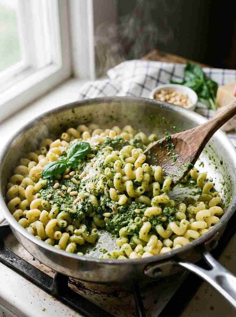Fresh basil pesto coating cavatappi pasta noodles
