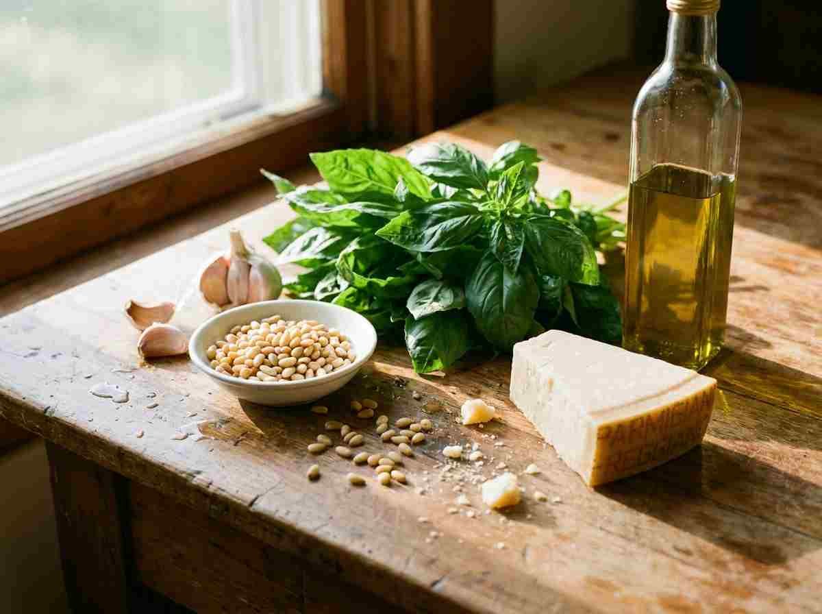 Fresh basil pesto ingredients for cavatappi pesto pasta recipe