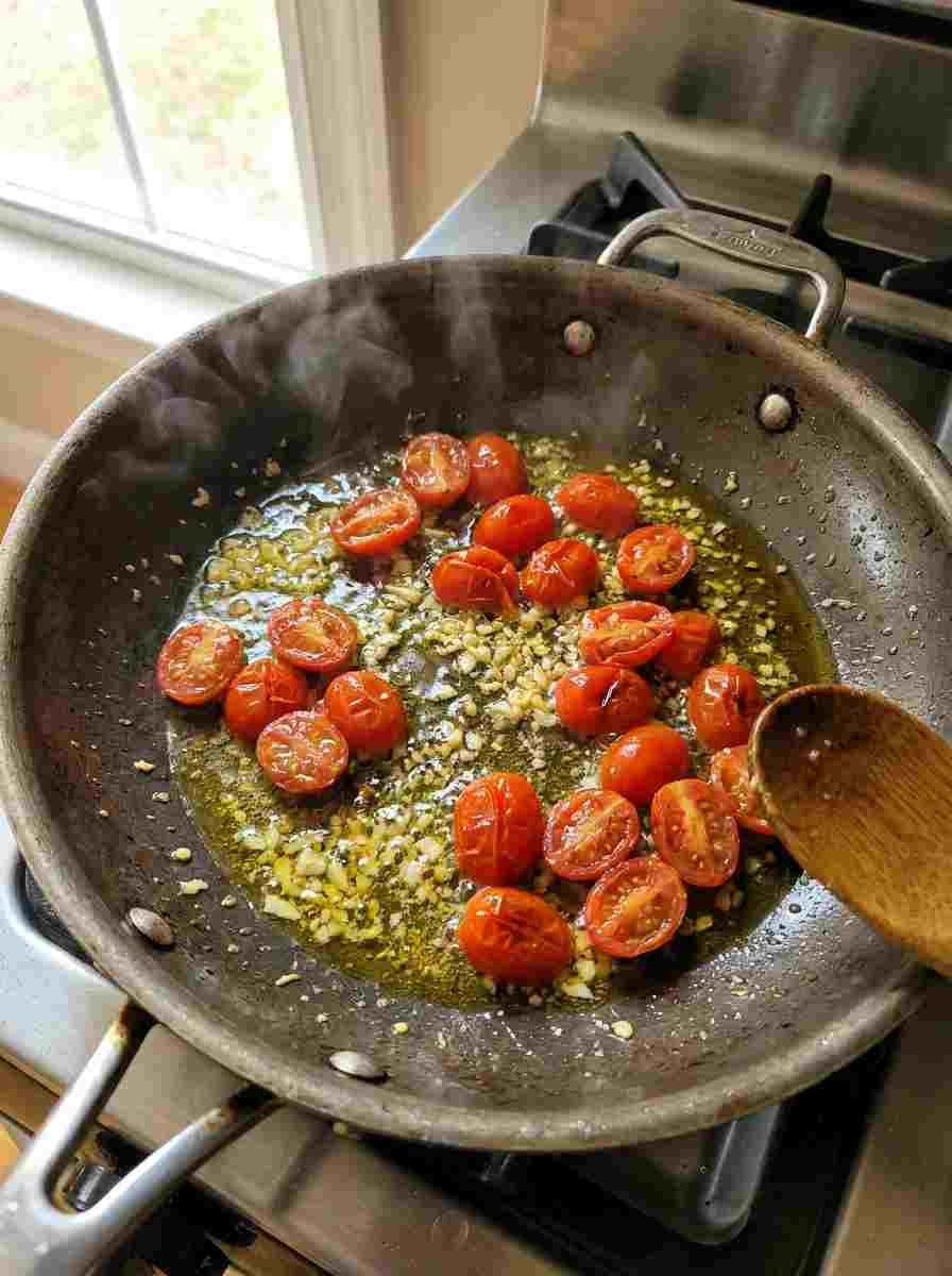 Garlic and cherry tomatoes cooking for gluten free cavatappi pasta