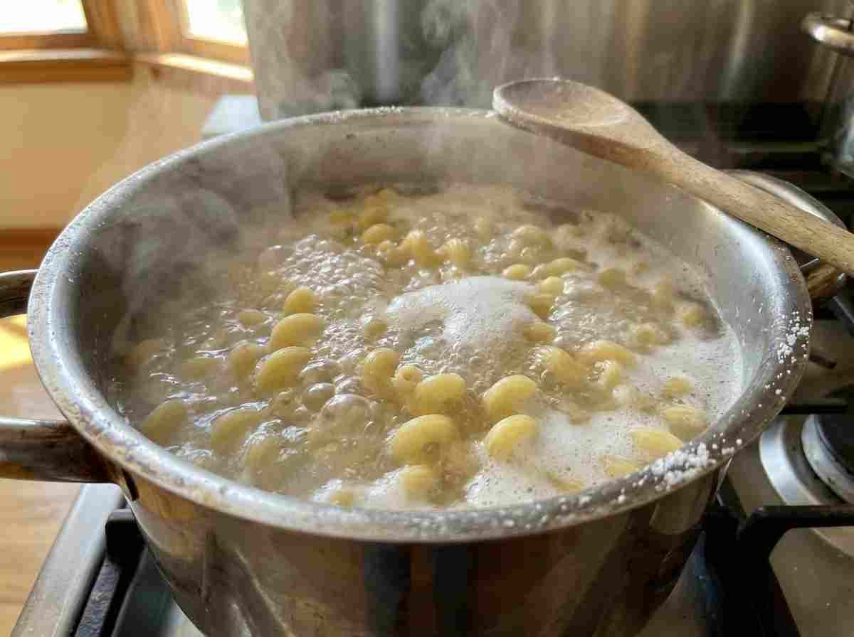 Gluten free cavatappi pasta cooking in salted boiling water