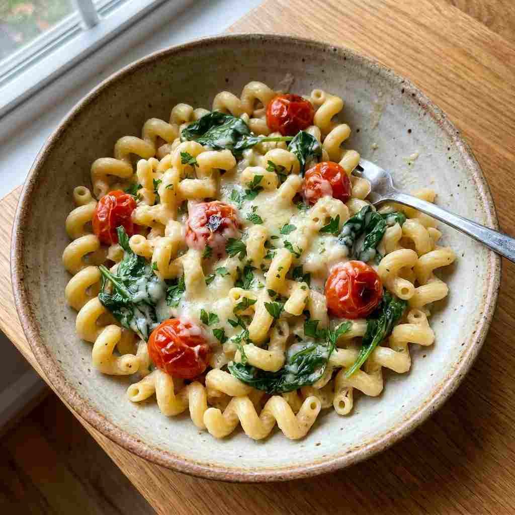 Gluten free cavatappi pasta with garlic Parmesan sauce, spinach and cherry tomatoes