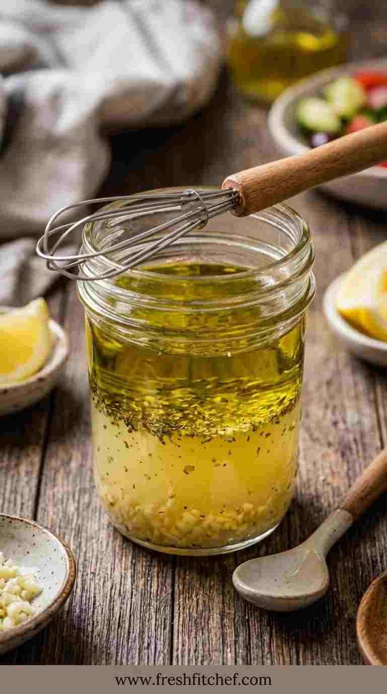 Homemade Greek salad dressing with olive oil lemon garlic and oregano