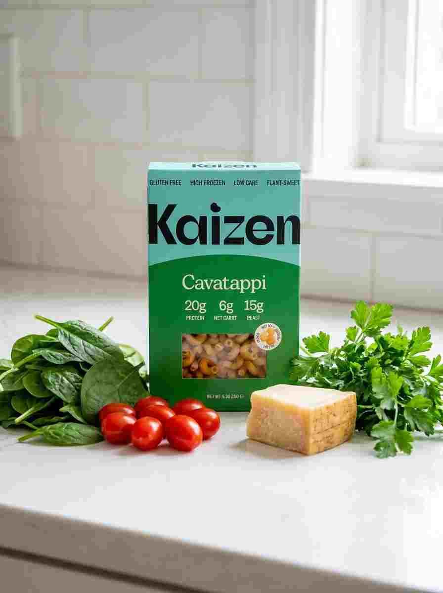 Ingredients for gluten free cavatappi pasta with Kaizen Cavatappi, Parmesan, garlic and spinach