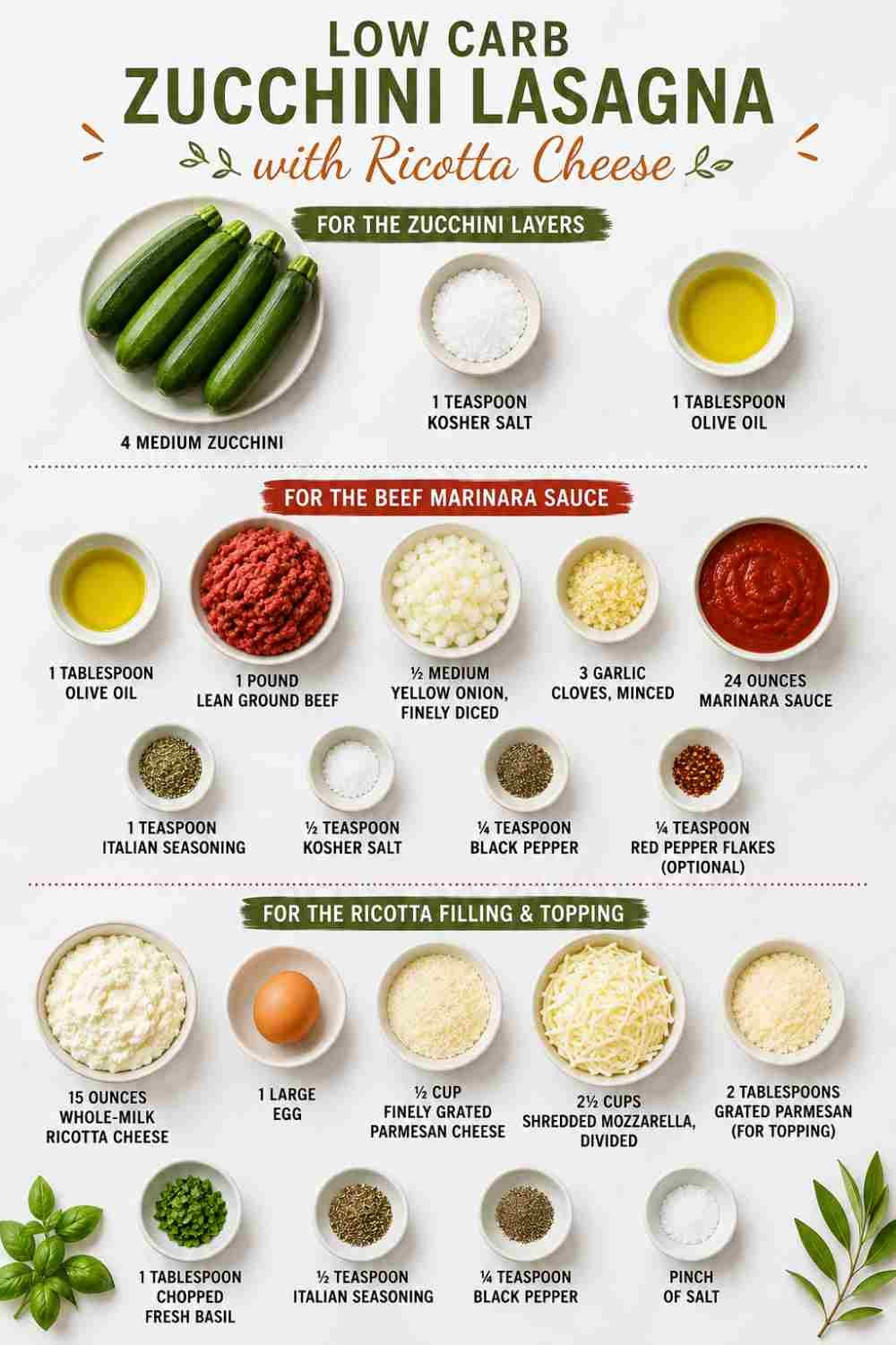 Ingredients for low carb zucchini lasagna with ricotta cheese