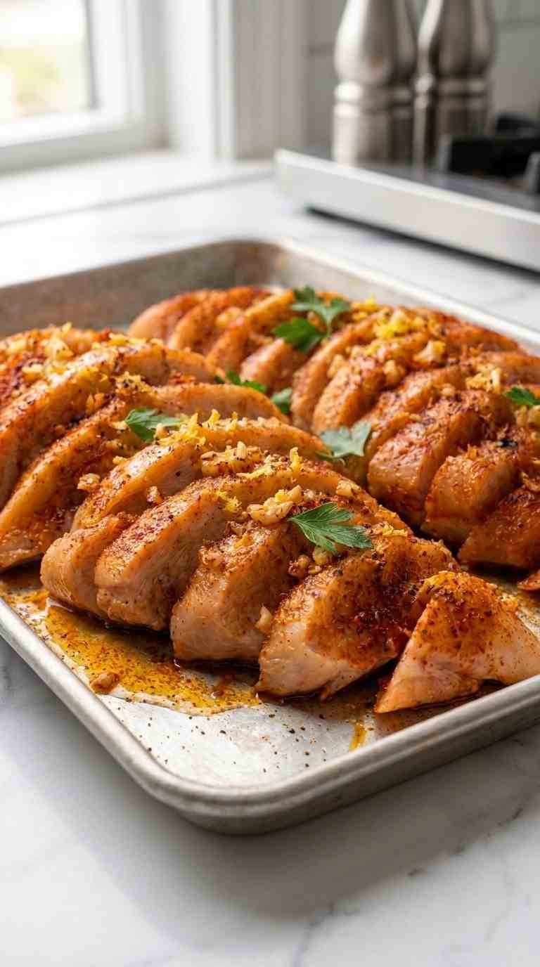Juicy thin sliced chicken breast after baking