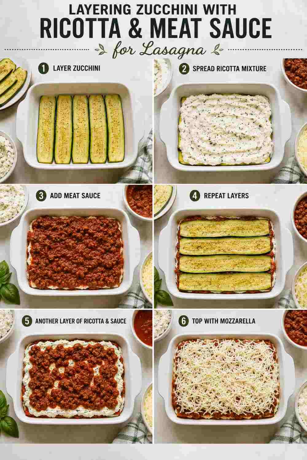 Layering zucchini with ricotta and meat sauce for lasagna
