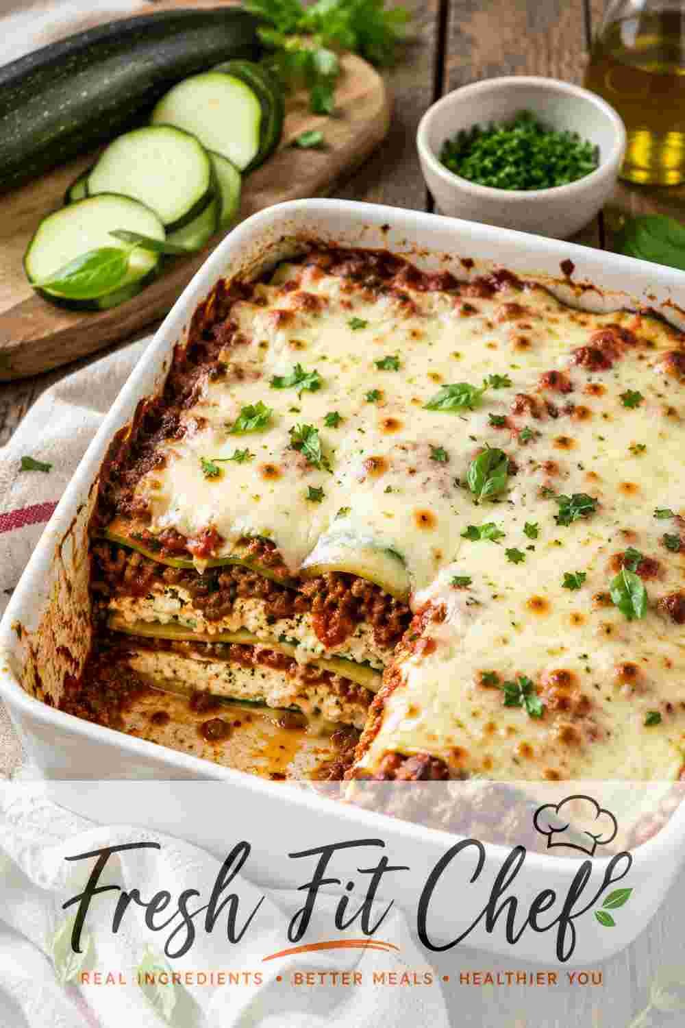 Low carb zucchini lasagna with ricotta cheese, beef sauce, and melted mozzarella