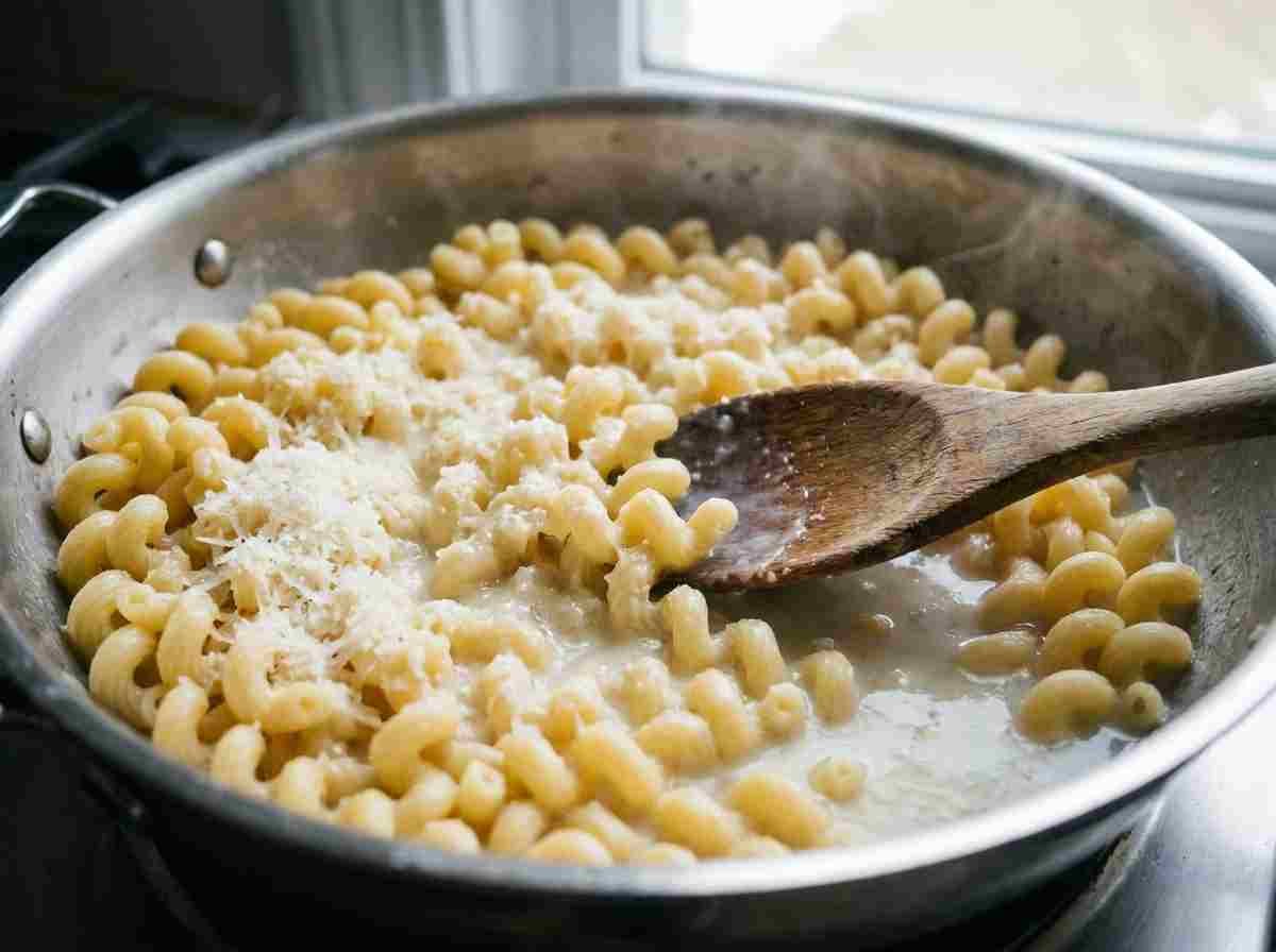 Parmesan sauce being mixed with gluten free cavatappi pasta Parmesan sauce being mixed with gluten free cavatappi Pasta