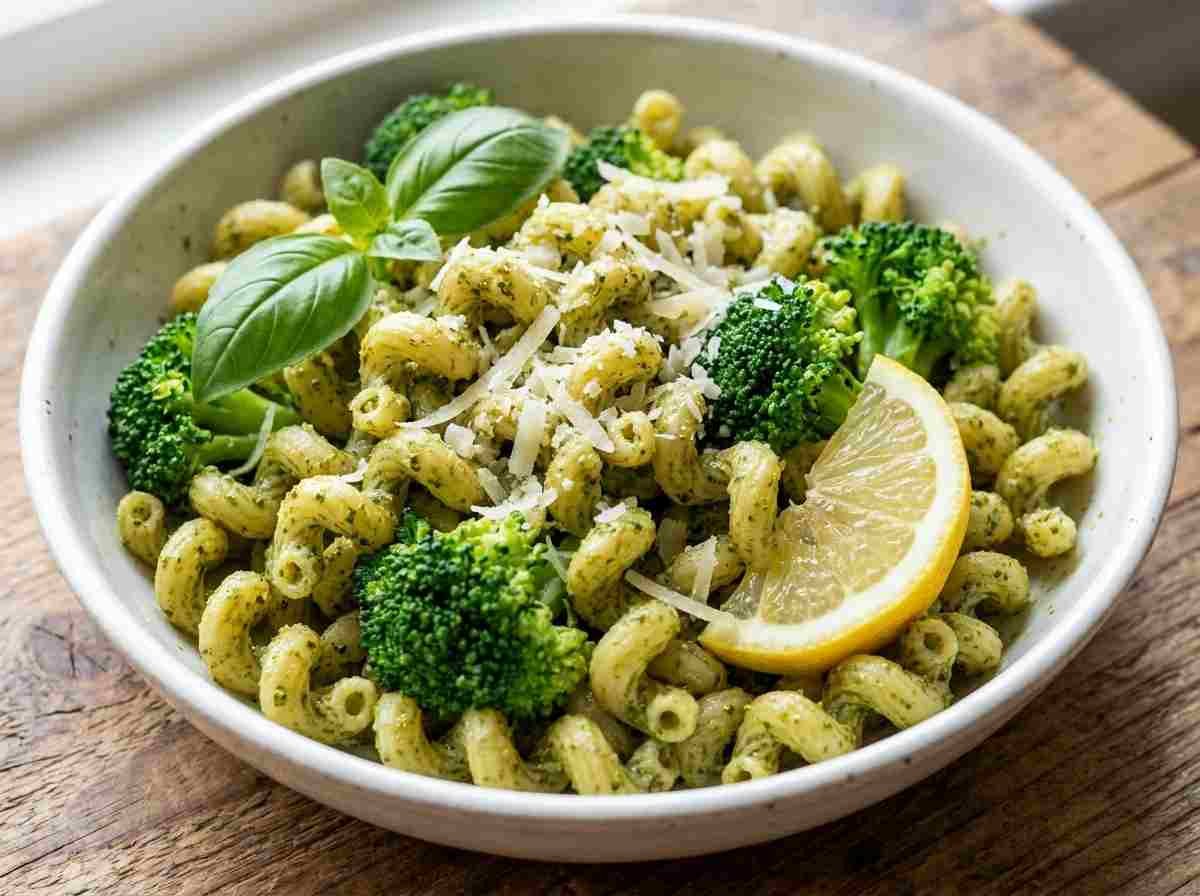Pasta pesto cavatappi recipe with basil pesto, broccoli, lemon and Parmesan