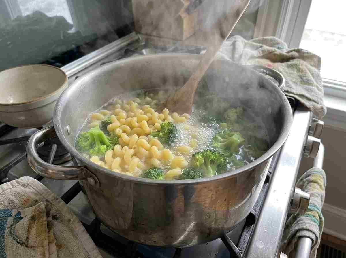 Cavatappi noodles cooking with broccoli for pesto pasta