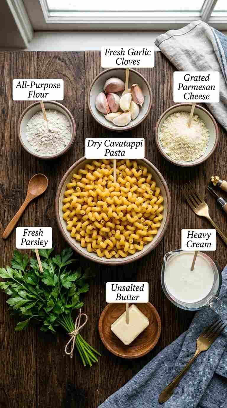 Ingredients for Carbe Diem Cavatappi pasta with garlic Parmesan sauce