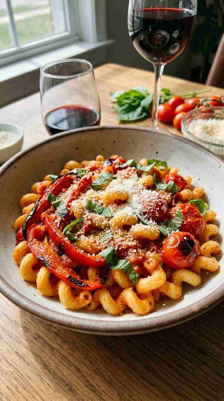 Pomodoro cavatappi pasta with roasted red pepper, tomato sauce, basil and Parmesan