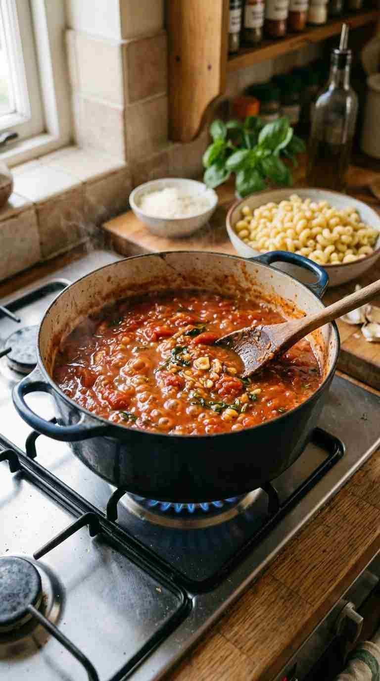 Pomodoro sauce simmering with tomatoes and garlic for cavatappi pasta