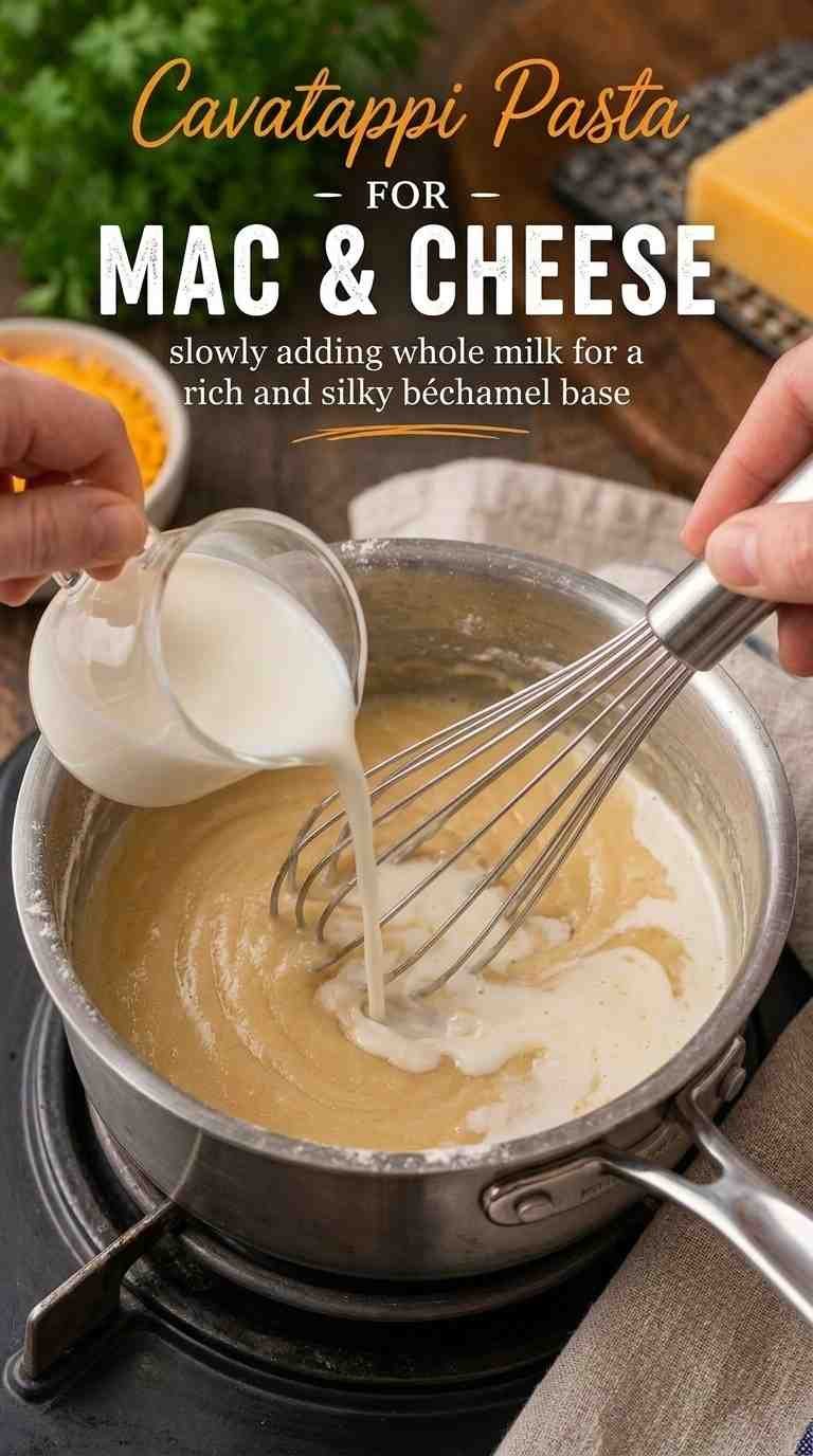 Whole milk being added to homemade cheese sauce for cavatappi mac and cheese
