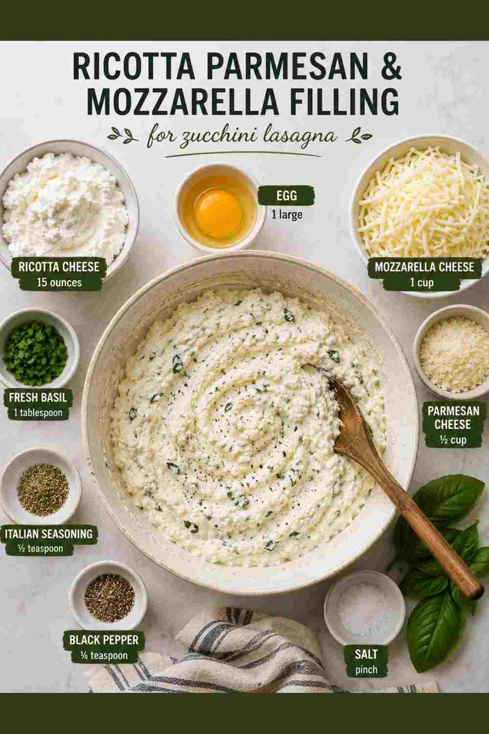 Ricotta Parmesan and mozzarella filling for zucchini lasagna