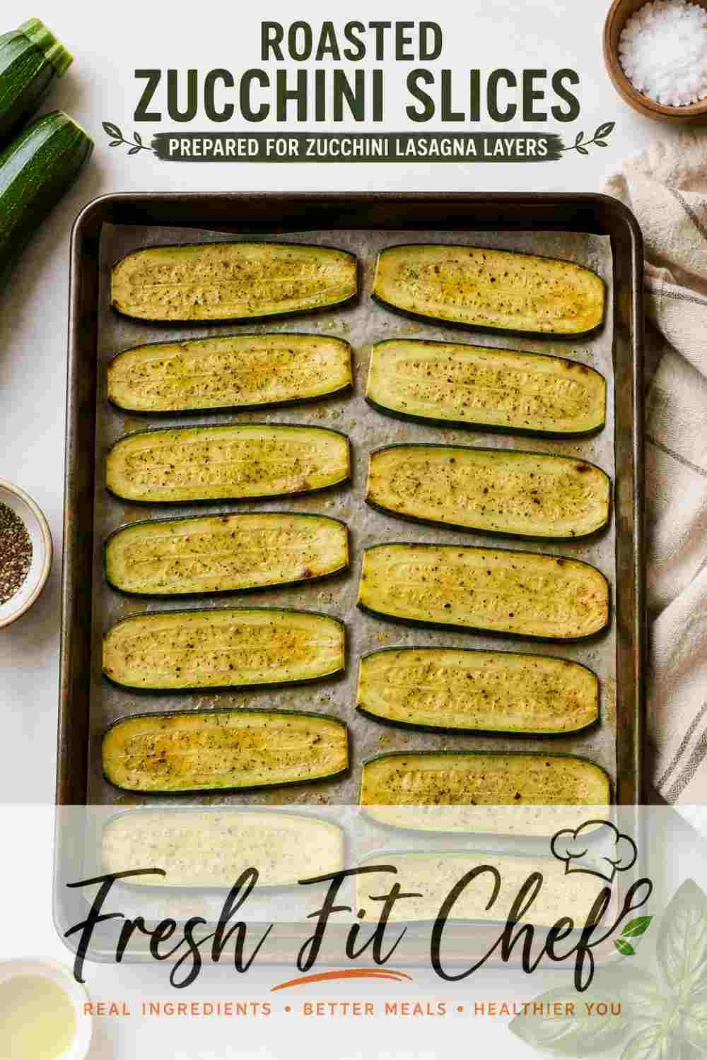 Roasted zucchini slices prepared for zucchini lasagna layers