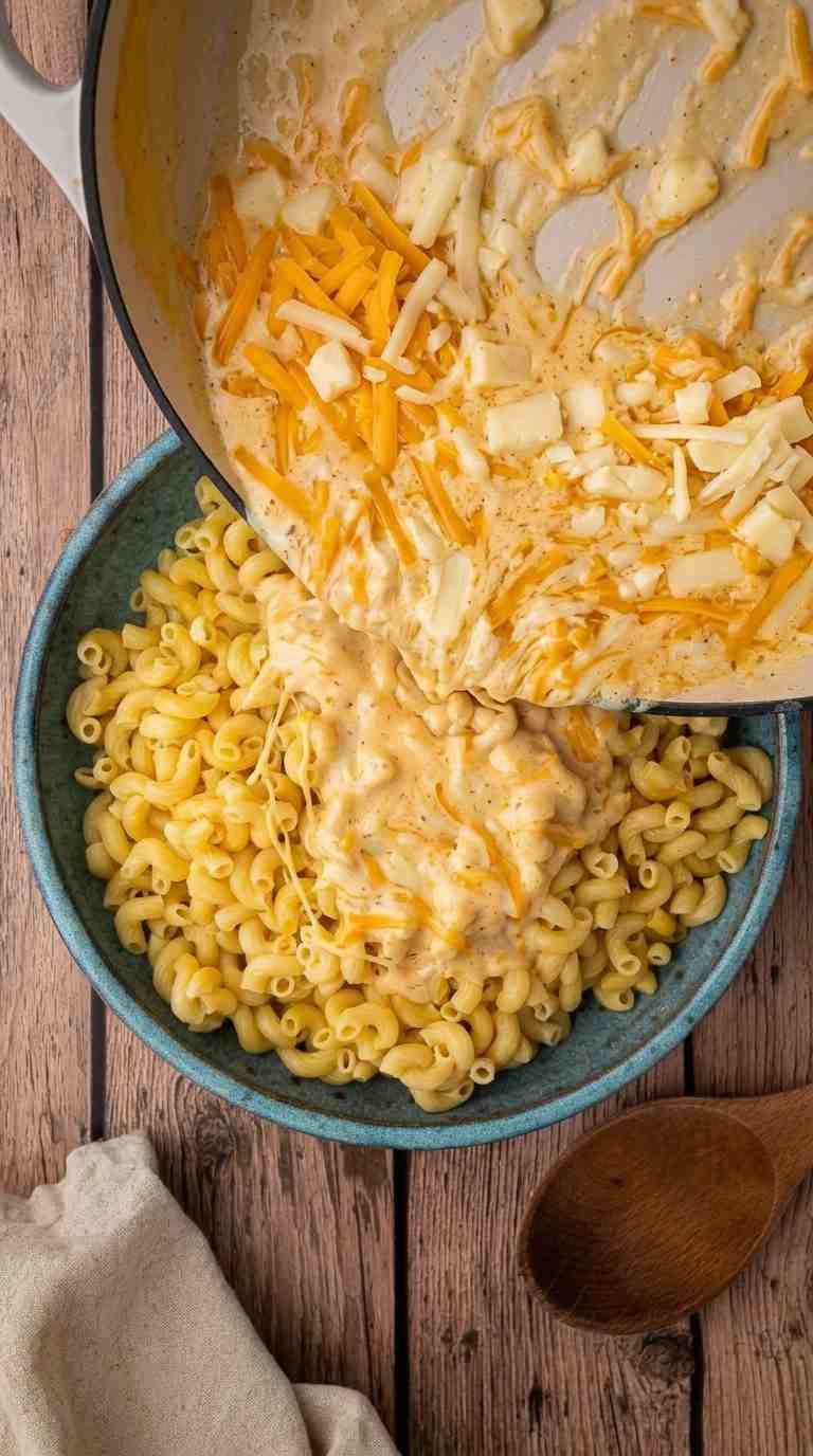Sharp cheddar and Monterey Jack melting into creamy mac and cheese sauce