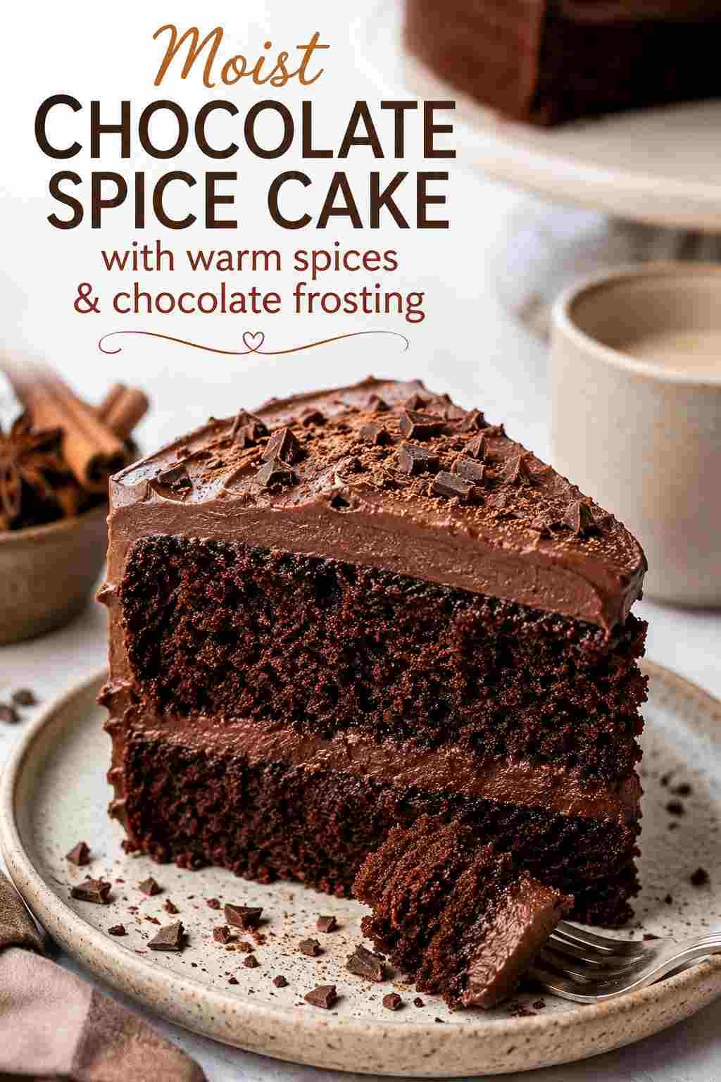 Slice of moist chocolate spice cake with warm spices and chocolate frosting