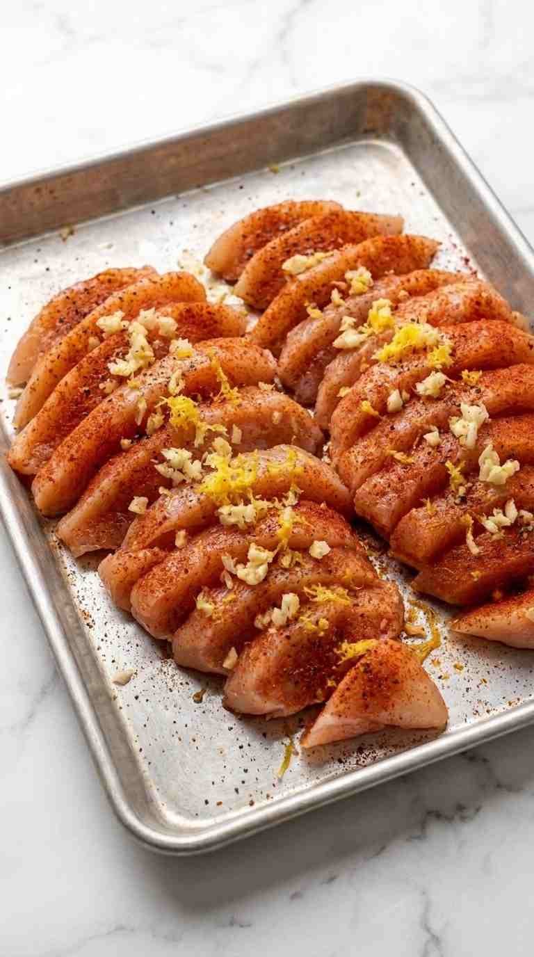 Thin chicken breast cutlets coated with lemon garlic and paprika