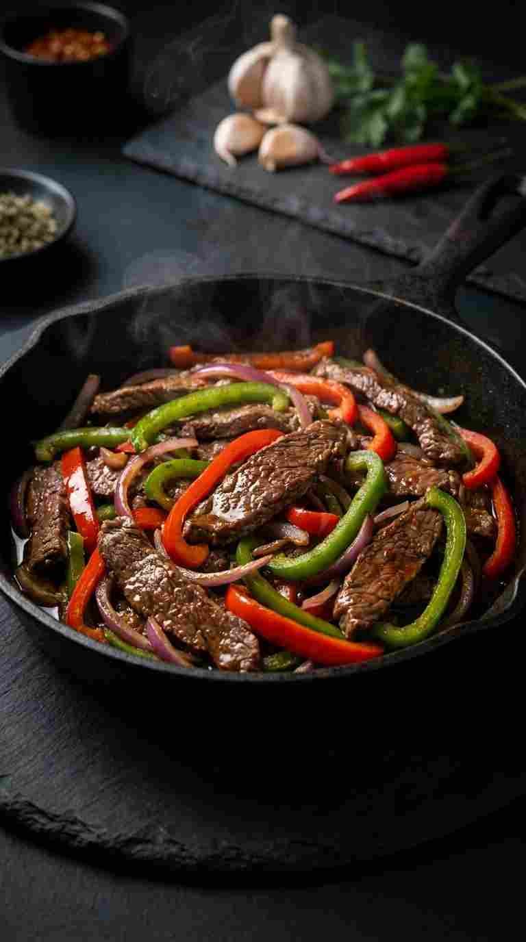 Thin sliced beef and vegetables coated in savory stir fry sauce