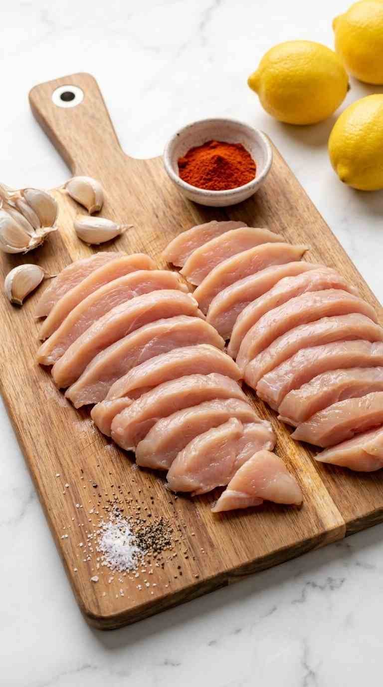 Thin sliced boneless chicken breast cutlets ready for seasoning
