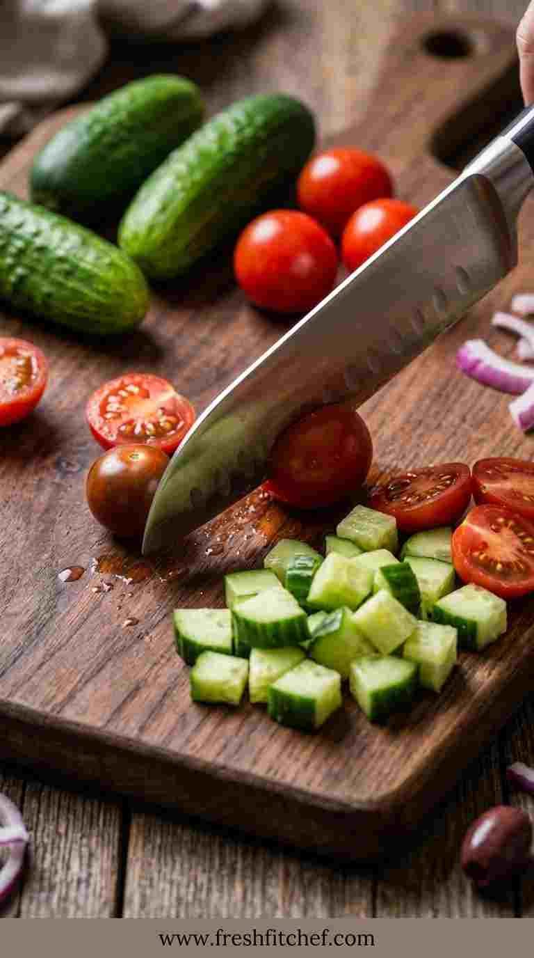 Tomatoes and cucumber being prepared for Greek salad