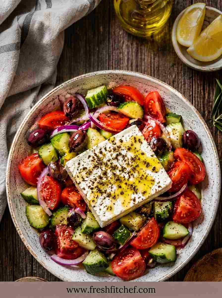 Traditional Greek salad with tomatoes cucumber red onion olives and feta