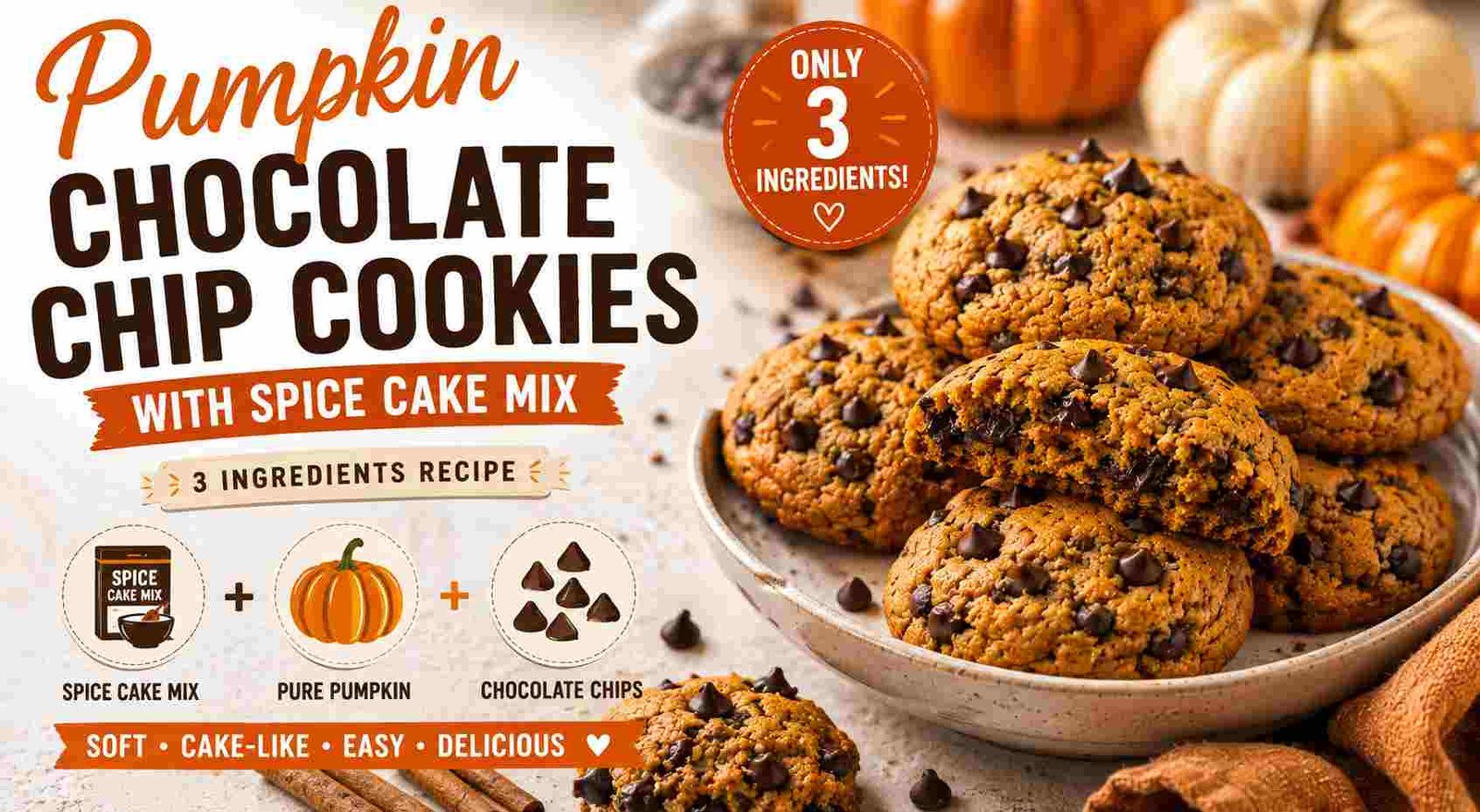 Pumpkin Chocolate Chip Cookies With Spice Cake Mix - 3 Ingredients Recipe